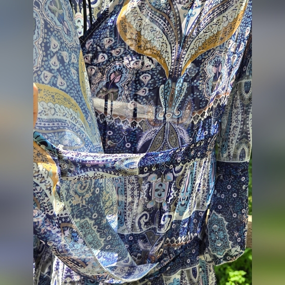 Blue paisley flutter sleeve sheer cover up wrap dress szXL - Picture 5 of 7